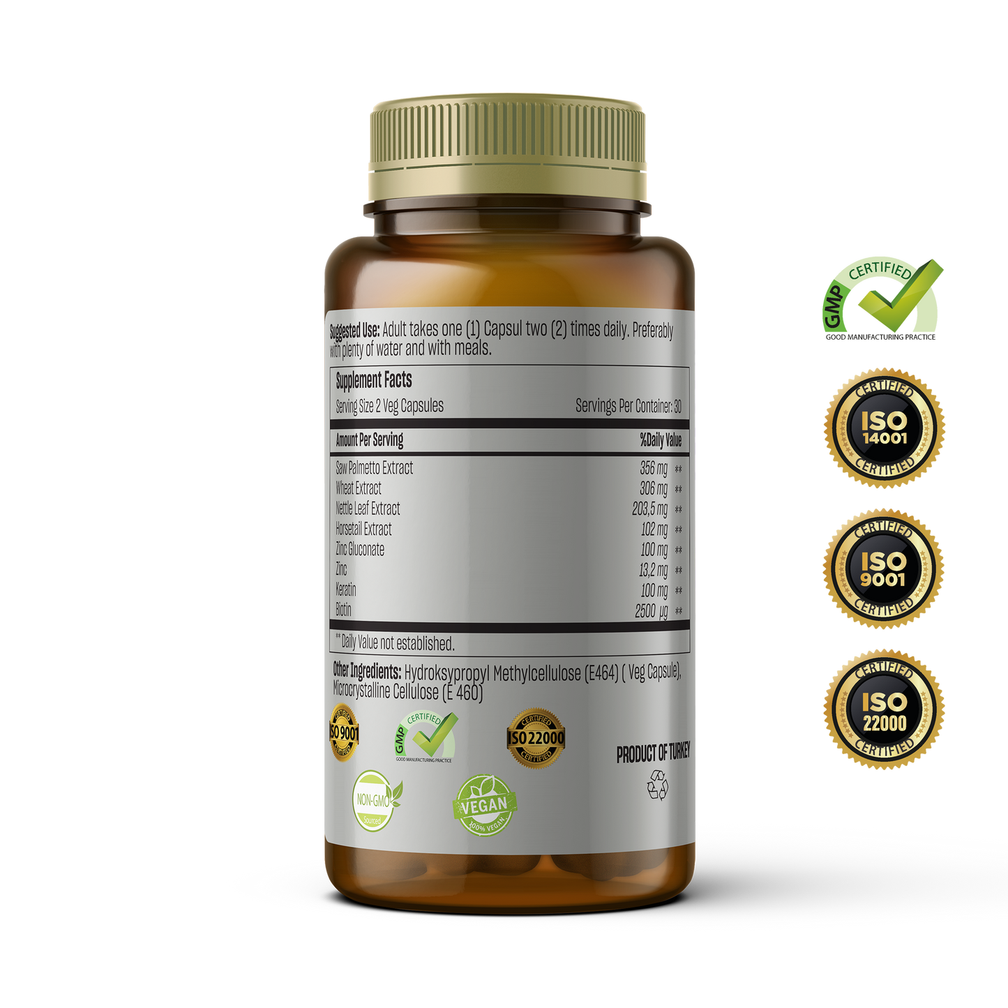 Talya Biotin - Saw Palmetto - Wheat - Nettle Leaf - Horsetail - Zinc - Keratin 60 Capsules Vegan