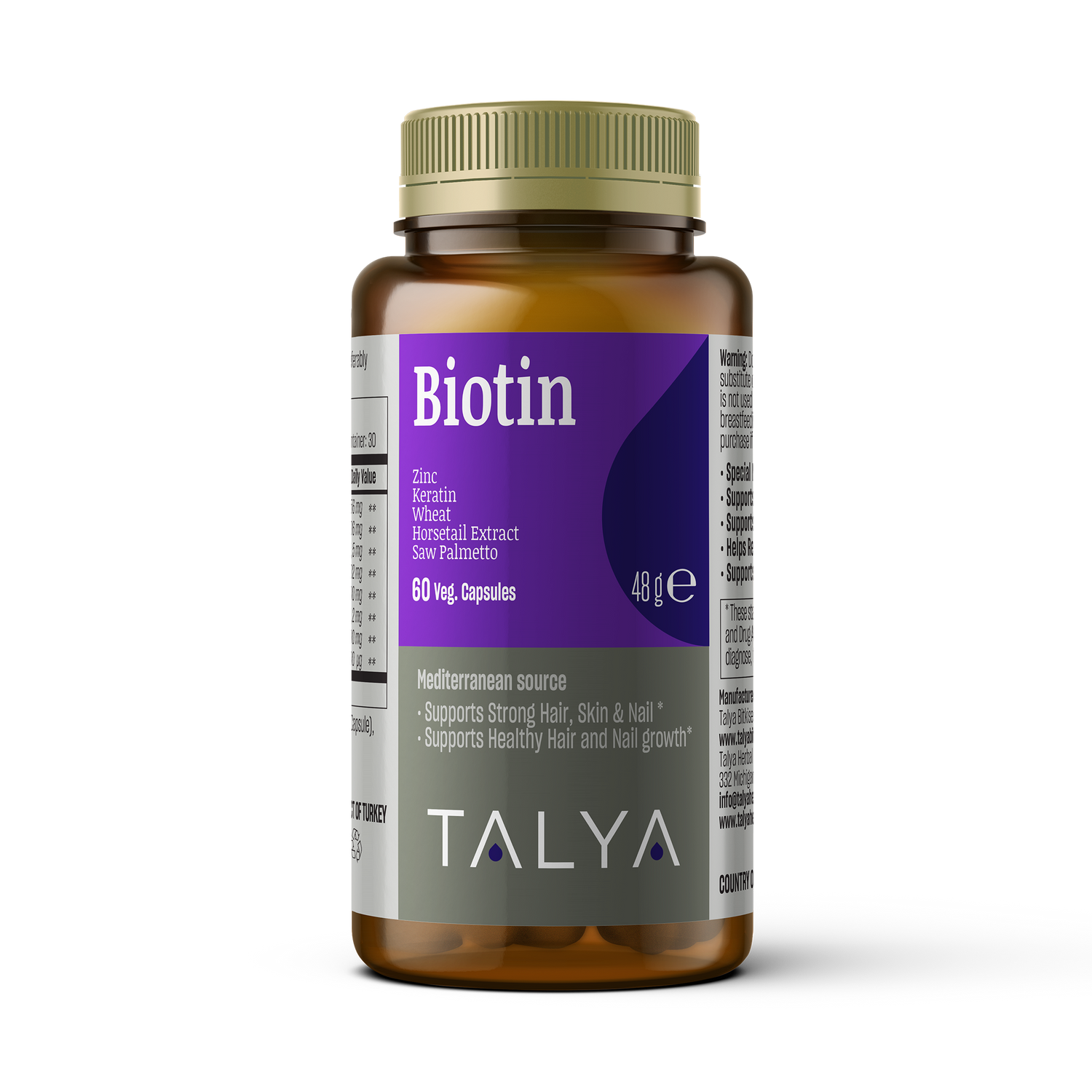 Talya Biotin - Saw Palmetto - Wheat - Nettle Leaf - Horsetail - Zinc - Keratin 60 Capsules Vegan